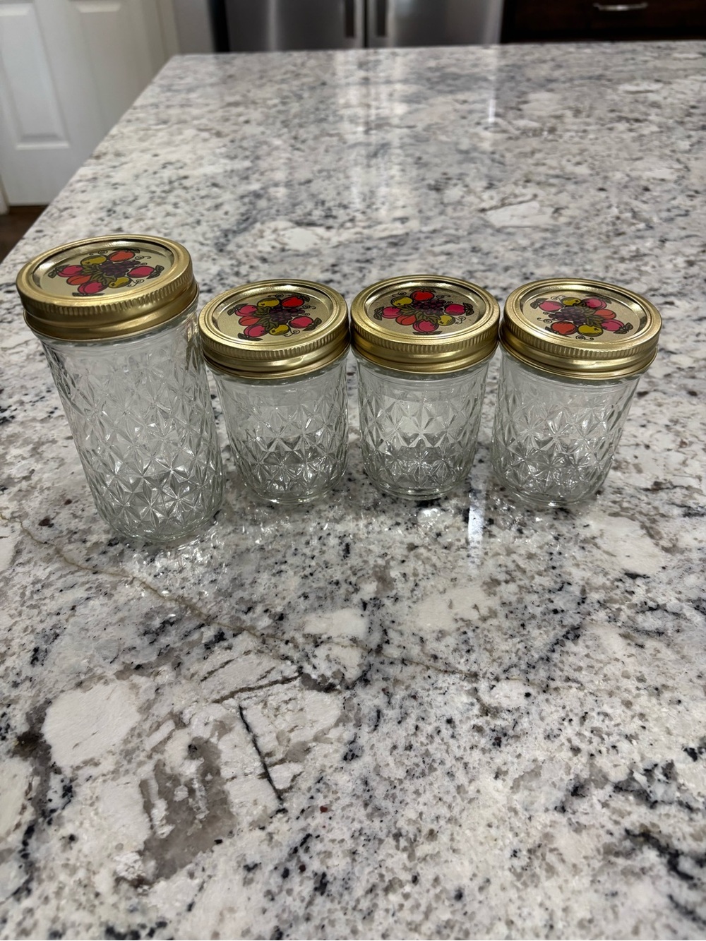 Vintage Ball Quilted Crystal Jelly Jars with Litho Fruit Lids - Set of 4